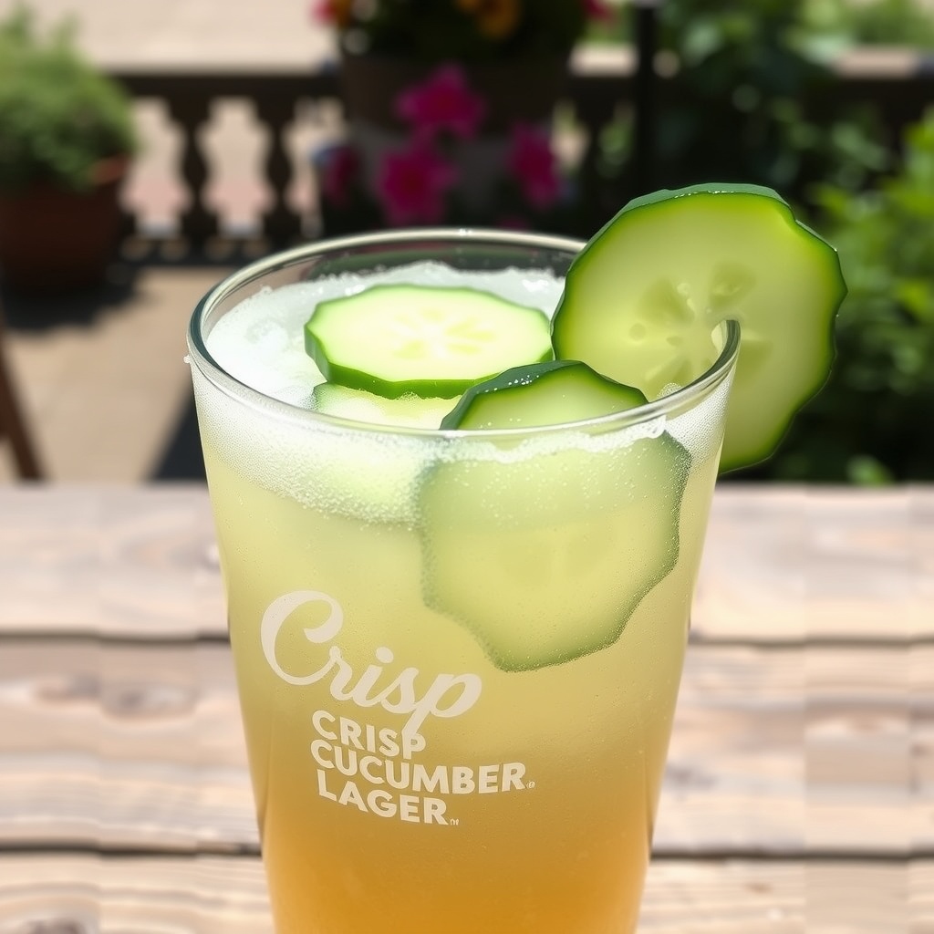 A glass of Crisp Cucumber Lager with cucumber slices, set outdoors on a sunny day.